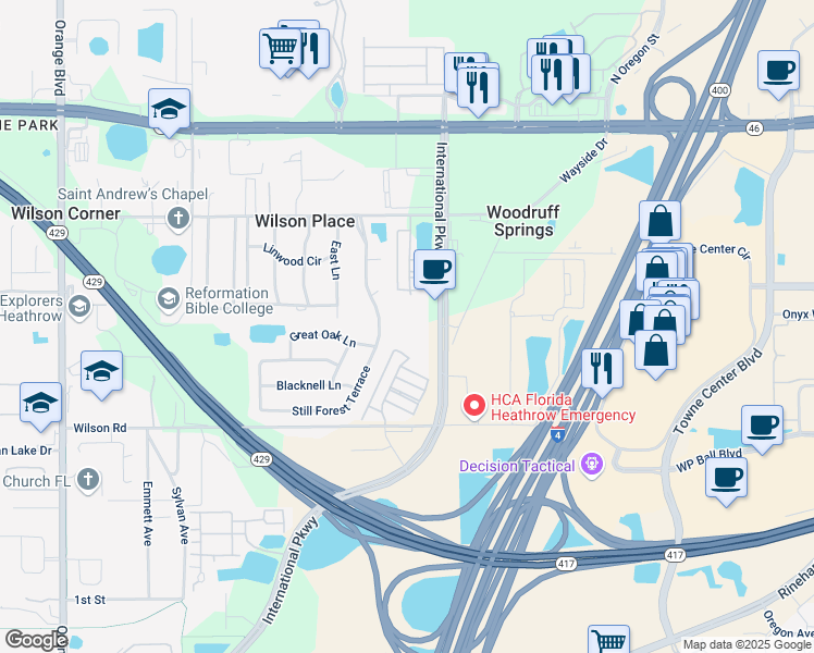 map of restaurants, bars, coffee shops, grocery stores, and more near 5739 Byron Anthony Place in Sanford
