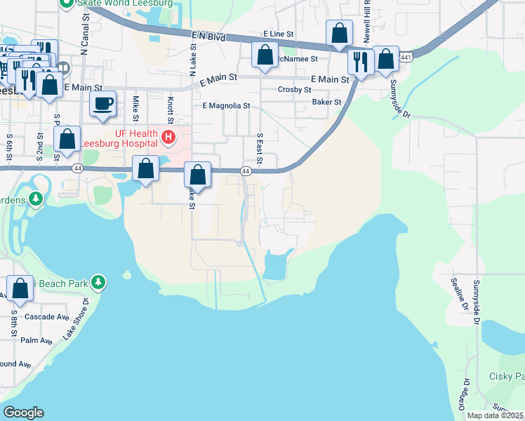 map of restaurants, bars, coffee shops, grocery stores, and more near 833-899 Lake Port Boulevard in Leesburg