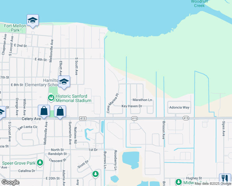 map of restaurants, bars, coffee shops, grocery stores, and more near 300 Casa Marina Place in Sanford