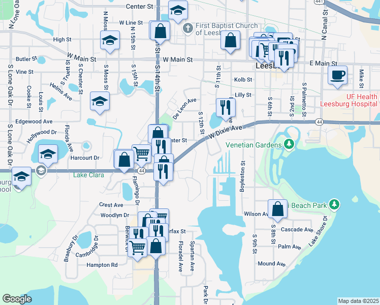 map of restaurants, bars, coffee shops, grocery stores, and more near 1209 West Dixie Avenue in Leesburg