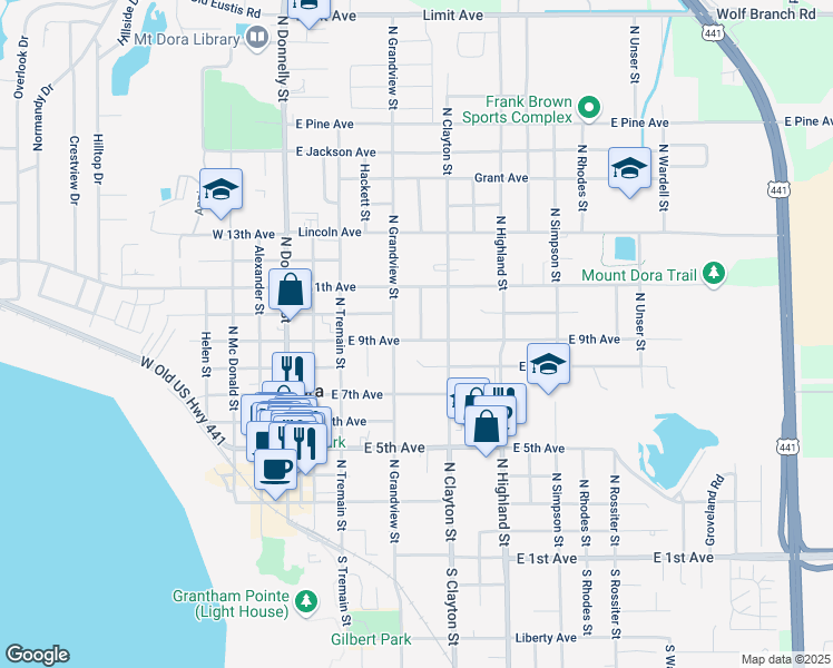 map of restaurants, bars, coffee shops, grocery stores, and more near 551 East 9th Avenue in Mount Dora