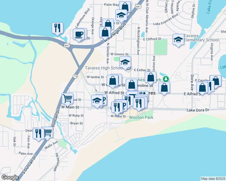 map of restaurants, bars, coffee shops, grocery stores, and more near 303 North Texas Avenue in Tavares