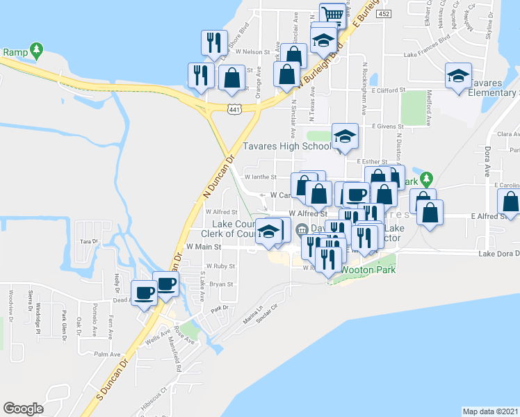 map of restaurants, bars, coffee shops, grocery stores, and more near 518 West Alfred Street in Tavares