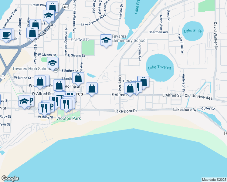map of restaurants, bars, coffee shops, grocery stores, and more near 733 East Alfred Street in Tavares