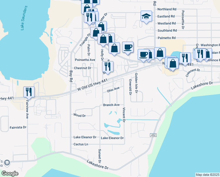 map of restaurants, bars, coffee shops, grocery stores, and more near 3745 Ohio Avenue in Mount Dora