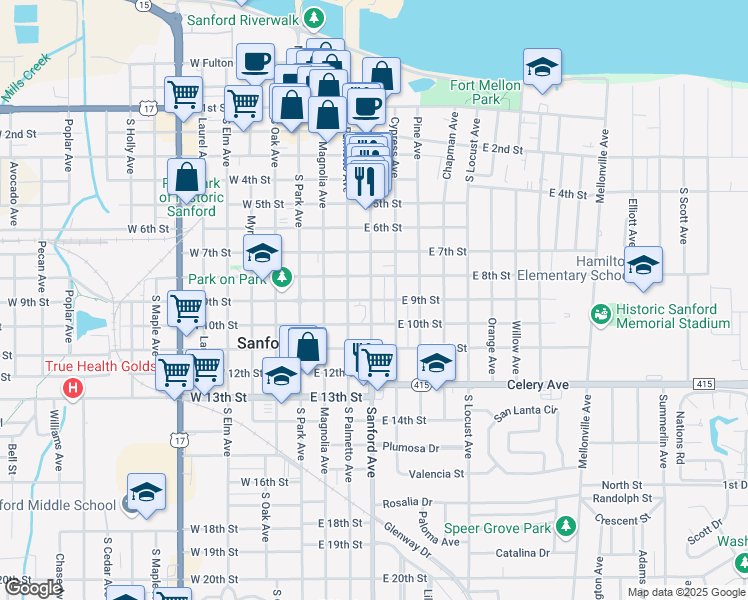 map of restaurants, bars, coffee shops, grocery stores, and more near 819 South Palmetto Avenue in Oviedo