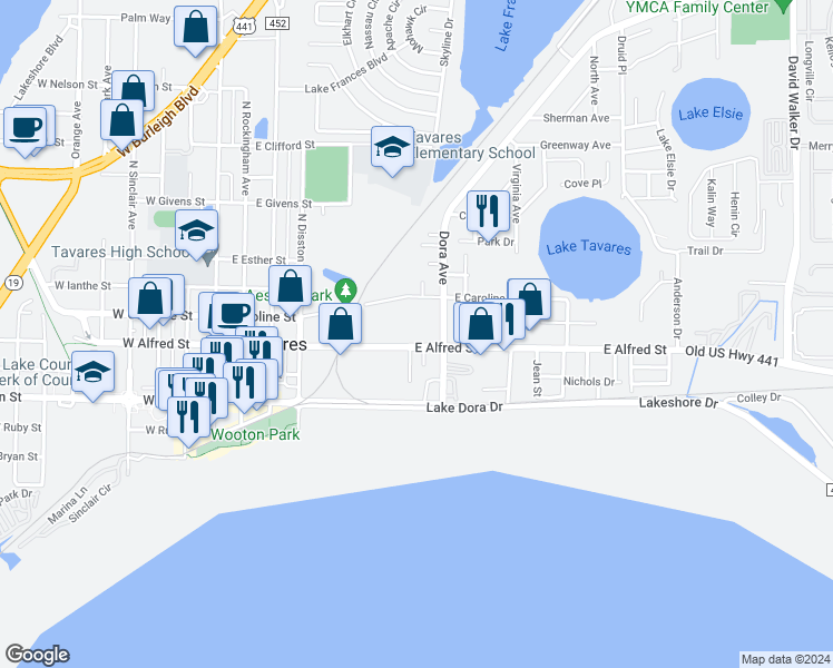 map of restaurants, bars, coffee shops, grocery stores, and more near 735 East Alfred Street in Tavares