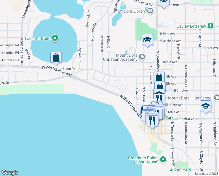 map of restaurants, bars, coffee shops, grocery stores, and more near 706 Fairview Avenue in Mount Dora