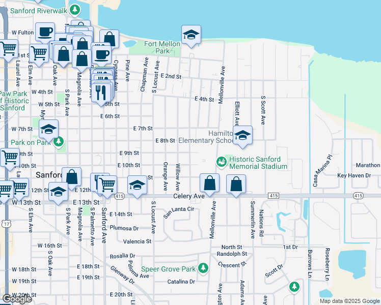 map of restaurants, bars, coffee shops, grocery stores, and more near 1114 East 9th Street in Sanford