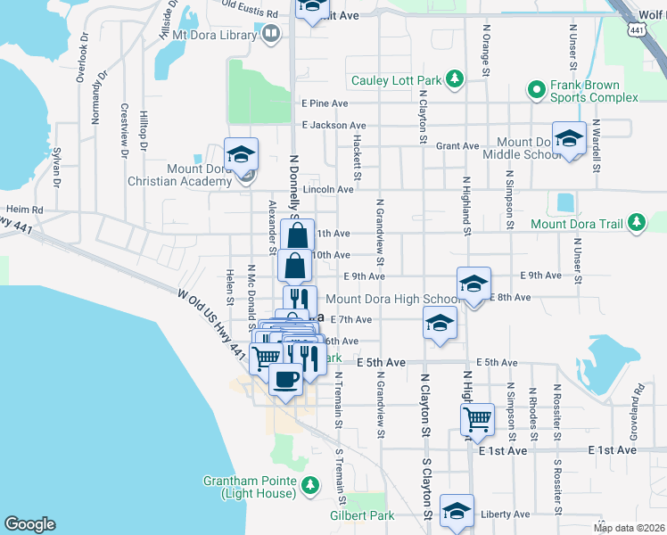 map of restaurants, bars, coffee shops, grocery stores, and more near 916 North Baker Street in Mount Dora