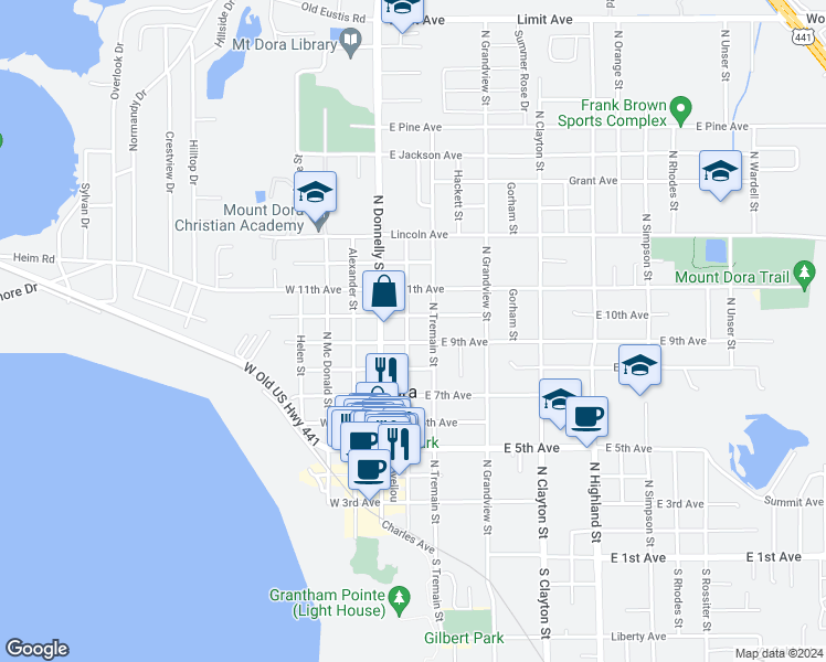 map of restaurants, bars, coffee shops, grocery stores, and more near 916 North Baker Street in Mount Dora