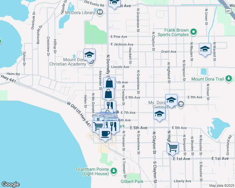 map of restaurants, bars, coffee shops, grocery stores, and more near 916 North Baker Street in Mount Dora