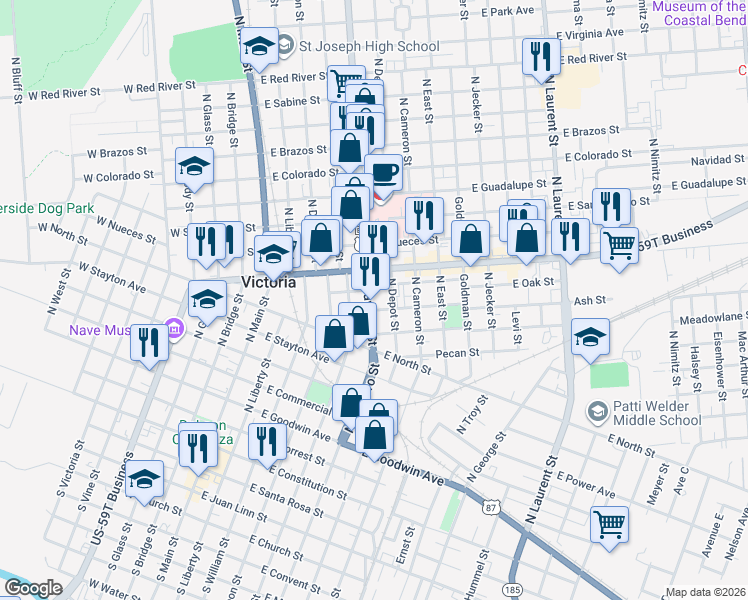 map of restaurants, bars, coffee shops, grocery stores, and more near 1004 North Navarro Street in Victoria