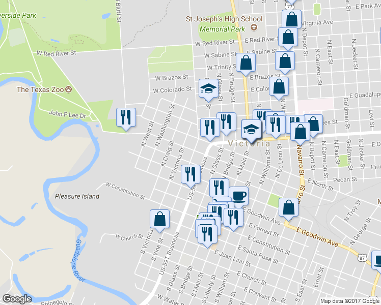 map of restaurants, bars, coffee shops, grocery stores, and more near 507 North Vine Street in Victoria