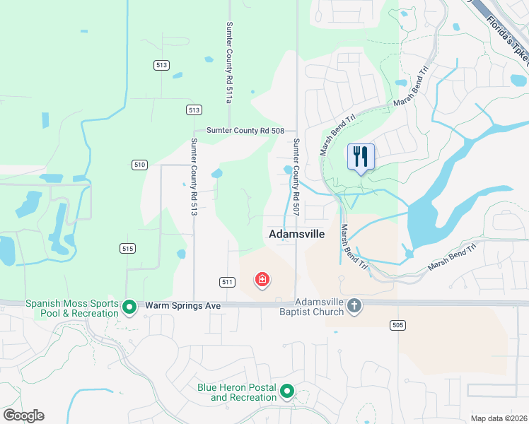 map of restaurants, bars, coffee shops, grocery stores, and more near 4510 Northeast 33rd Lane in Wildwood