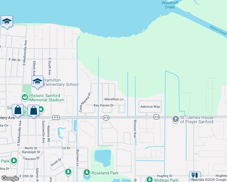 map of restaurants, bars, coffee shops, grocery stores, and more near 121 Islamorada Way in Sanford