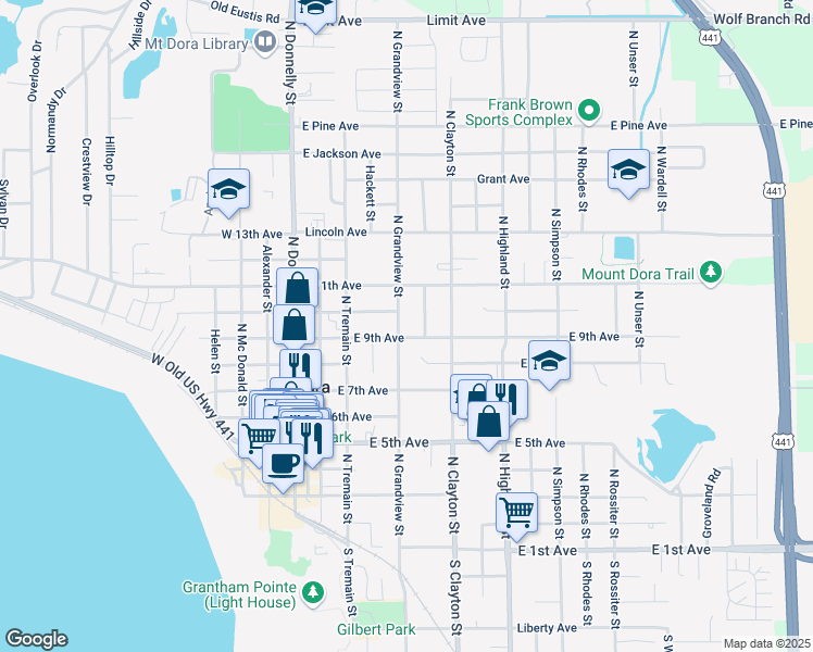 map of restaurants, bars, coffee shops, grocery stores, and more near 505 East 9th Avenue in Mount Dora