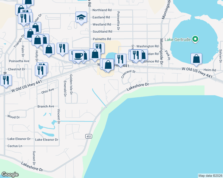 map of restaurants, bars, coffee shops, grocery stores, and more near 2648 McDonald Terrace in Mount Dora