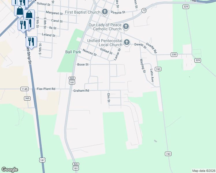 map of restaurants, bars, coffee shops, grocery stores, and more near 301 Graham Road in Kenedy