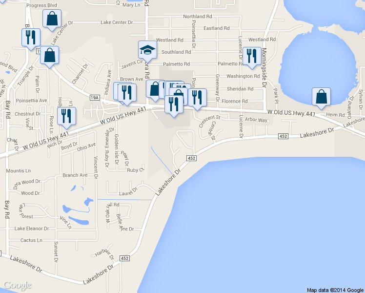 map of restaurants, bars, coffee shops, grocery stores, and more near 2648 McDonald Terrace in Mount Dora