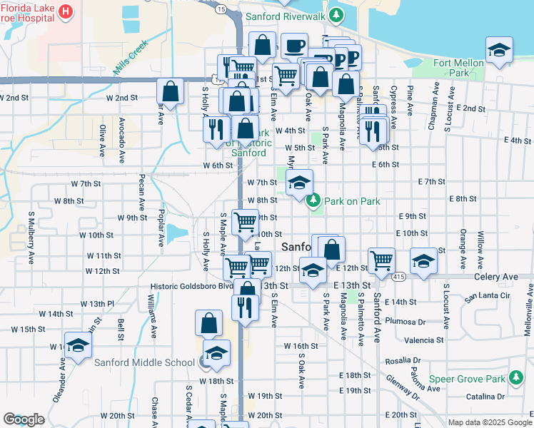 map of restaurants, bars, coffee shops, grocery stores, and more near 410 West 9th Street in Sanford