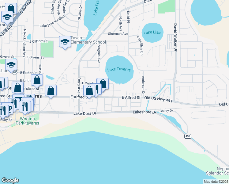 map of restaurants, bars, coffee shops, grocery stores, and more near 324 Suwanee Place in Tavares