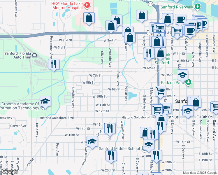 map of restaurants, bars, coffee shops, grocery stores, and more near 1200 West 9th Street in Sanford