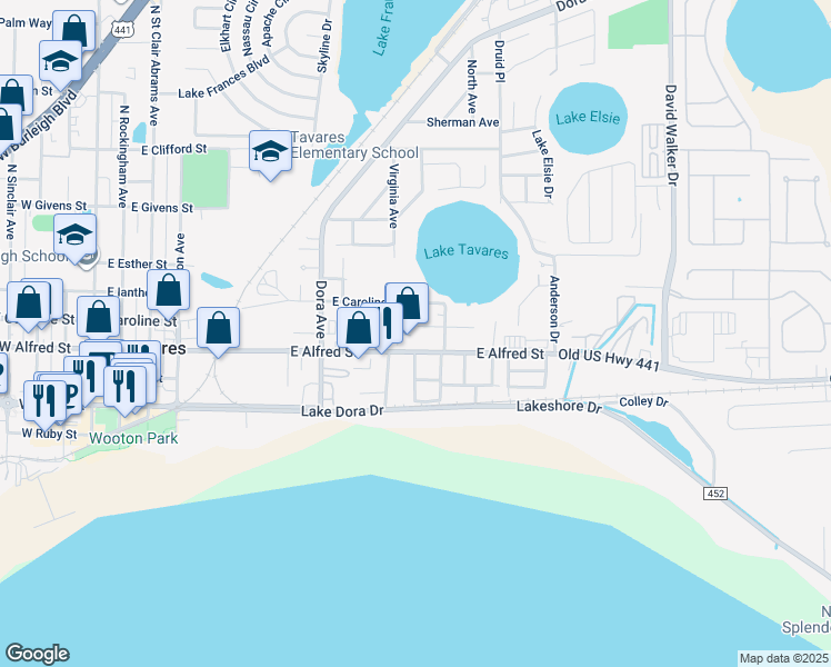 map of restaurants, bars, coffee shops, grocery stores, and more near 1202 Osceola Avenue in Tavares