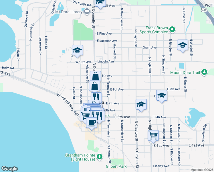 map of restaurants, bars, coffee shops, grocery stores, and more near 925 North Tremain Street in Mount Dora