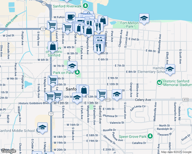 map of restaurants, bars, coffee shops, grocery stores, and more near 819 South Palmetto Avenue in Oviedo