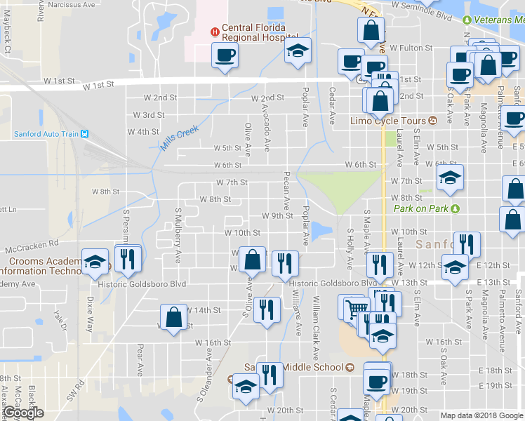 map of restaurants, bars, coffee shops, grocery stores, and more near 1206 West 9th Street in Sanford
