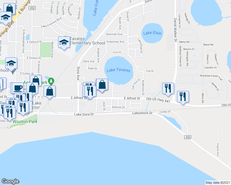 map of restaurants, bars, coffee shops, grocery stores, and more near 1306 Osceola Avenue in Tavares