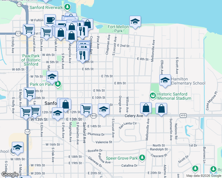 map of restaurants, bars, coffee shops, grocery stores, and more near 816 South Locust Avenue in Sanford