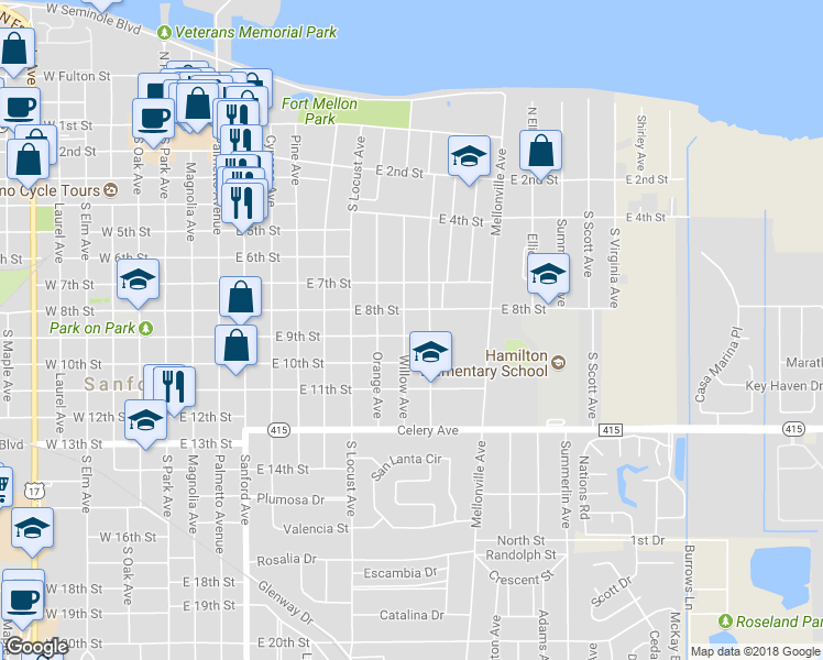 map of restaurants, bars, coffee shops, grocery stores, and more near 1008 East 9th Street in Sanford
