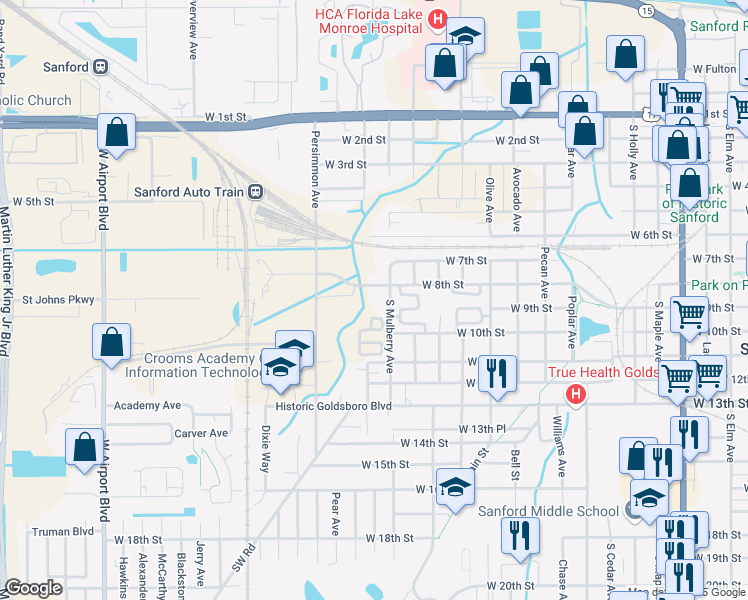 map of restaurants, bars, coffee shops, grocery stores, and more near 1704 West 9th Street in Sanford