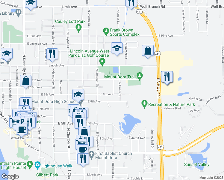 map of restaurants, bars, coffee shops, grocery stores, and more near 925 North Rossiter Street in Mount Dora