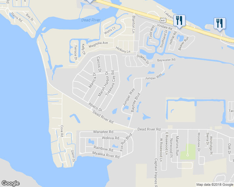 map of restaurants, bars, coffee shops, grocery stores, and more near 4831 Abaco Drive in Tavares