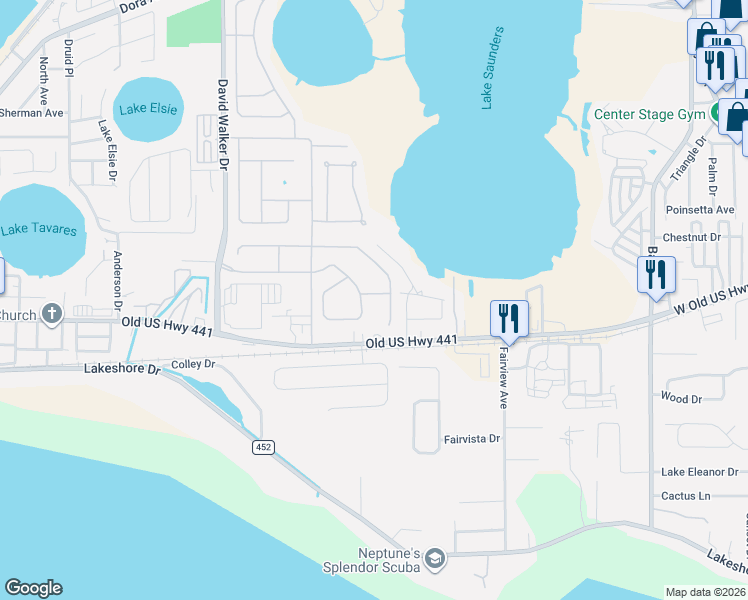 map of restaurants, bars, coffee shops, grocery stores, and more near 2515 Bracknell Forest Trail in Tavares