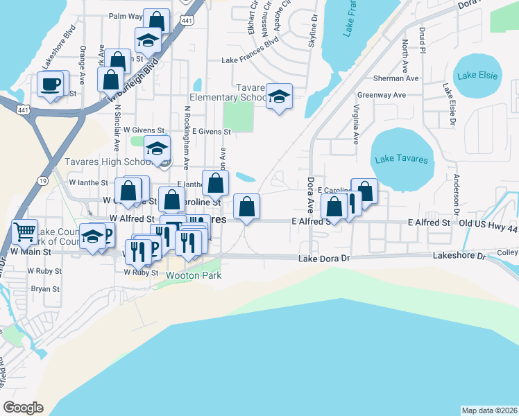 map of restaurants, bars, coffee shops, grocery stores, and more near 601 East Alfred Street in Tavares