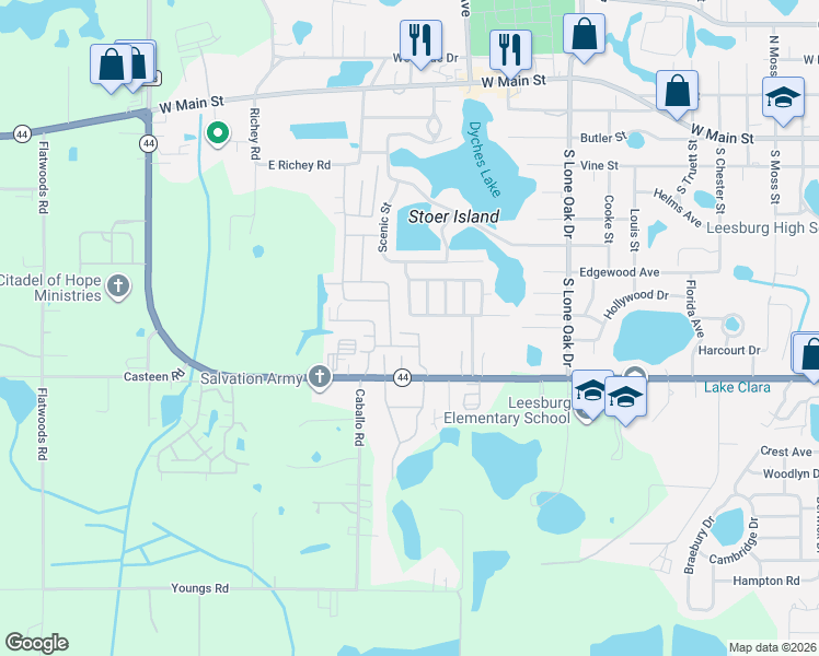 map of restaurants, bars, coffee shops, grocery stores, and more near 2407 West Coach N' 4 Drive in Leesburg