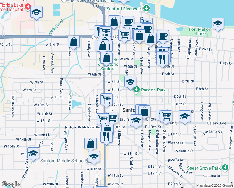 map of restaurants, bars, coffee shops, grocery stores, and more near 410 West 9th Street in Sanford