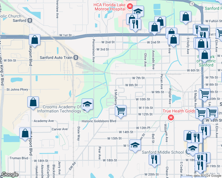 map of restaurants, bars, coffee shops, grocery stores, and more near 1704 West 9th Street in Sanford