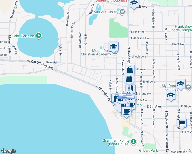 map of restaurants, bars, coffee shops, grocery stores, and more near 601 West Old US Highway 441 in Mount Dora