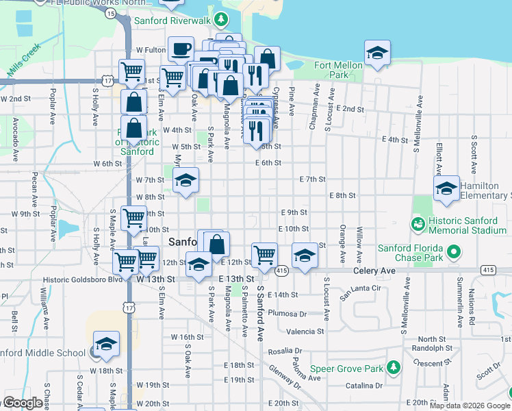 map of restaurants, bars, coffee shops, grocery stores, and more near 819 South Palmetto Avenue in Oviedo