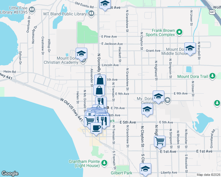 map of restaurants, bars, coffee shops, grocery stores, and more near 916 North Baker Street in Mount Dora