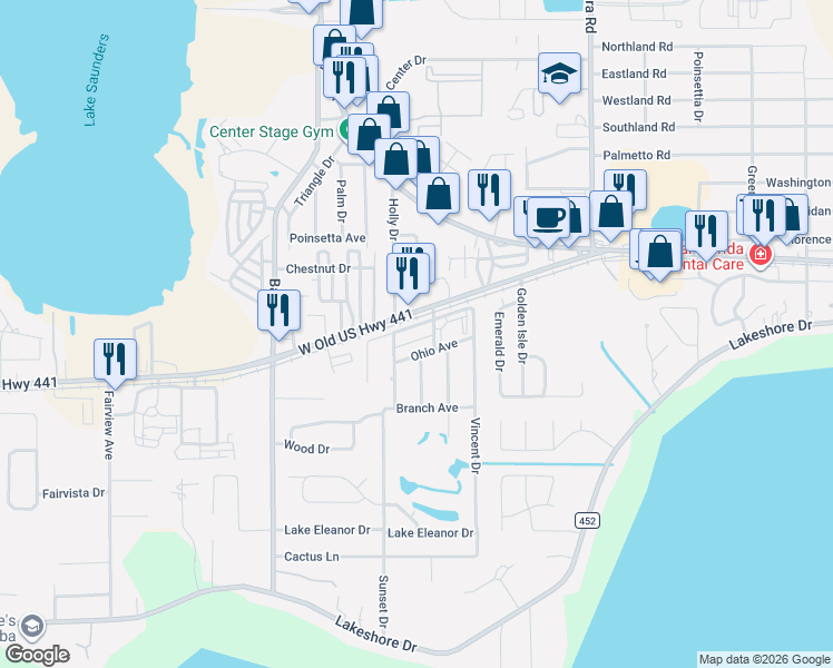 map of restaurants, bars, coffee shops, grocery stores, and more near 1000 North Sunset Drive in Mount Dora
