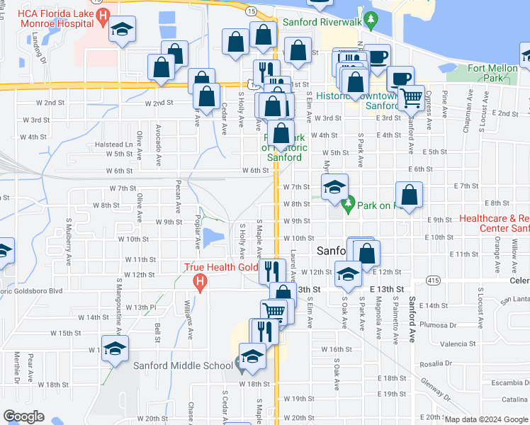 map of restaurants, bars, coffee shops, grocery stores, and more near 900 South Maple Avenue in Sanford