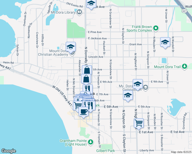map of restaurants, bars, coffee shops, grocery stores, and more near 916 North Baker Street in Mount Dora