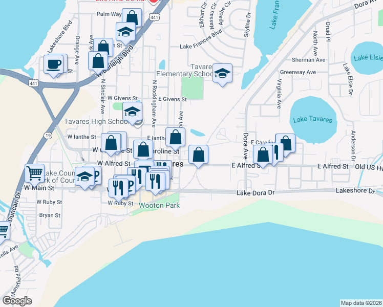 map of restaurants, bars, coffee shops, grocery stores, and more near 601 East Alfred Street in Tavares