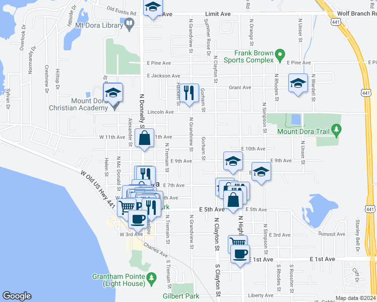 map of restaurants, bars, coffee shops, grocery stores, and more near 949 North Grandview Street in Mount Dora